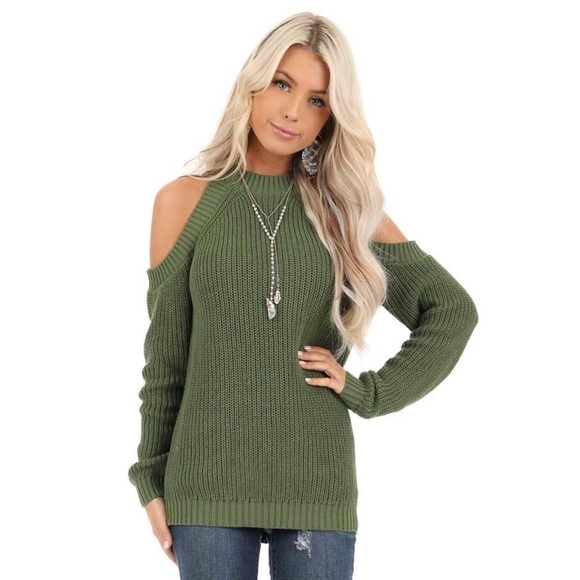 Women's Sweaters Green Cold Shoulder Sweater Green Cold